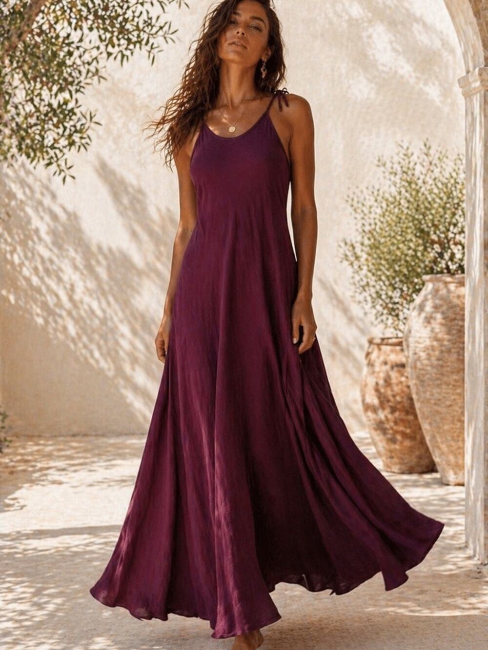 Boho Maxi Dress S/M Organic Viscose Cotton Burgundy Tie Strap Flowy Relaxed Fit